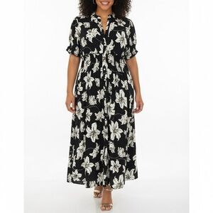 KATE & LILY Black White Floral Smock Cinch Waist Button Front Maxi Dress Plus 1X